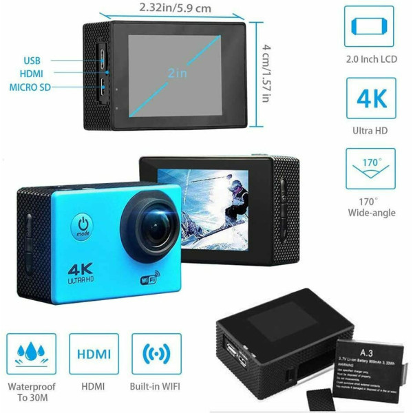 ΑΔΙΑΒΡΟΧΗ ΚΑΜΕΡΑ ΔΡΑΣΗΣ SPORTS ACTION HD 1080p WI-FI 710800 ΜΠΛΕ