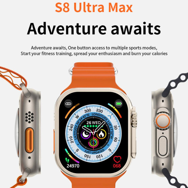 S8 Ultra Max Smartwatch titanium NFC Series 8 Απάντηση κλήσης 1:1 49mm Μέγεθος 2,08" Οθόνη Sports Ασύρματη φόρτιση Ανδρικό Έξυπνο Γυναικείο ρολόι Ασημί