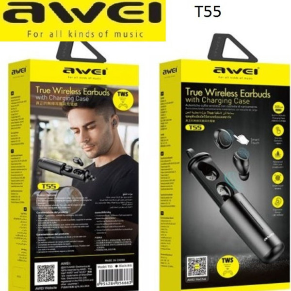 Awei T55 In-ear Bluetooth Handsfree Ακουστικά με Θήκη Φόρτισης Μαύρο