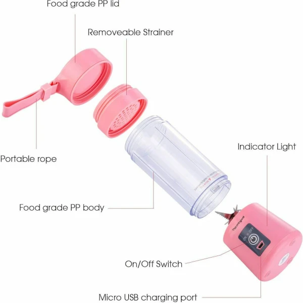 HM-03 Mini Μπλέντερ για Smoothies με κανάτα 0.38lt και Ισχύ 380Watt Ροζ	