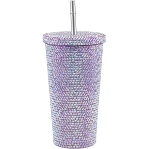 Ποτήρι θερμός με μεταλλικό καλαμάκι και στρας 500ml QH-009 Μπλε