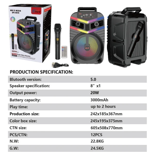 Φορητό Ηχείο Bluetooth Karaoke 8 inch 20W με Μικρόφωνο ZQS8182W