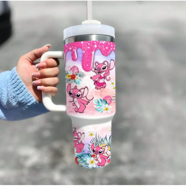 Disney Stitch 1.5L Μπουκάλι νερού 40 oz από ανοξείδωτο χάλυβα με λαβή κούπα ταξιδιού με μόνωση με καλαμάκι ML0047 Ροζ